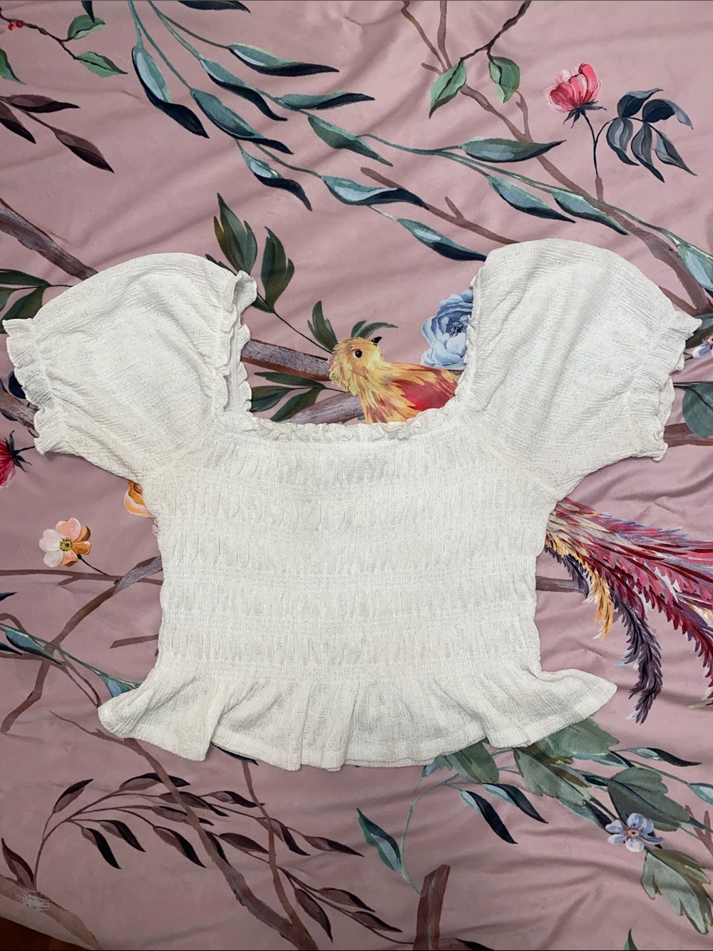 Lush White Smocked Puff Sleeve Peplum Top